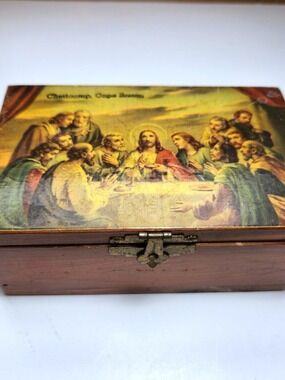 Vintage The Last Supper Cedar Box Religious Keepsake Jewelry Trinket Chest 5.5x3